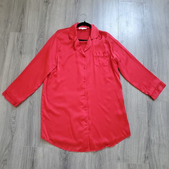 Texere Silk Nightgown Sleep Shirt Large Red Long Sleeve Button Up Classic - Picture 1 of 10